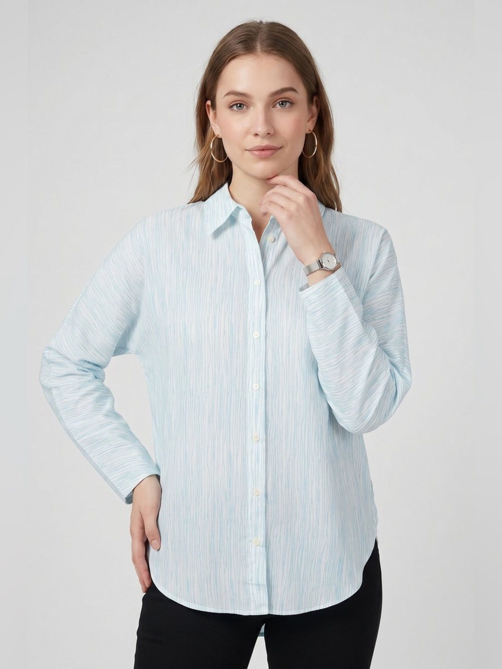 NWT Calvin Klein Women’s Blue Pointed Collar Space Dye Long Sleeve Shirt Sz S